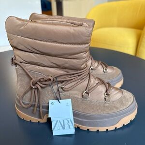 ZARA Viral Puffer Ankle Boots Brown Suede Nylon Winter Lace Up Chunky Sole NWT 9
